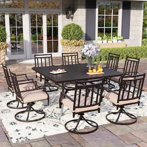 9-Piece Metal Outdoor Dining Set with Square Table and Stripe Swivel Chairs with Beige Cushions