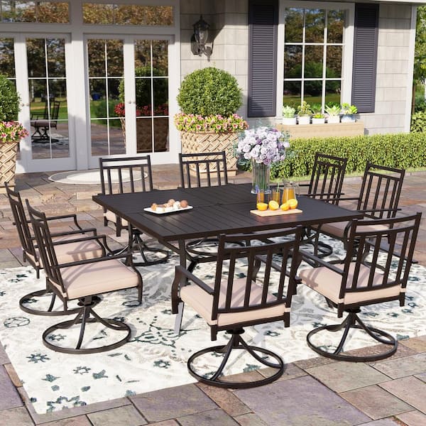 PHI VILLA 9-Piece Metal Outdoor Dining Set with Square Table and Stripe Swivel Chairs with Beige Cushions