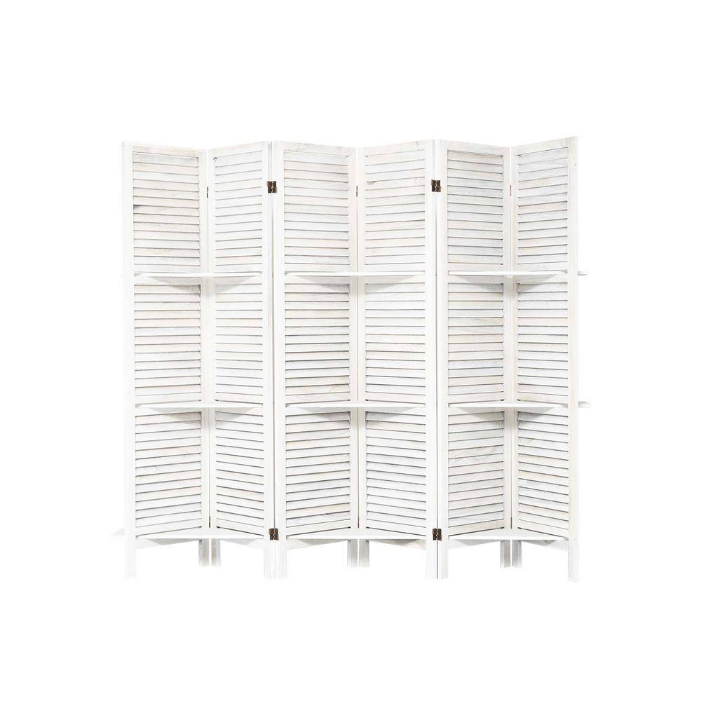 66.93 in. White 6-Panel Folding Room Divider with Shelves, Freestanding Par