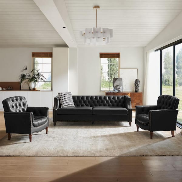 Daniel 3-Piece Black Genuine Leather Living Room Set with Sofa and Accent Chair