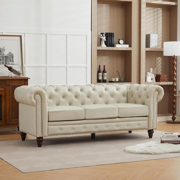 JEAREY 84 in. Leather Chesterfield Sofas 3-Seater Round Arm Sofa Button Rectangle Nailhead Tufted Couch for Living Room,Beige