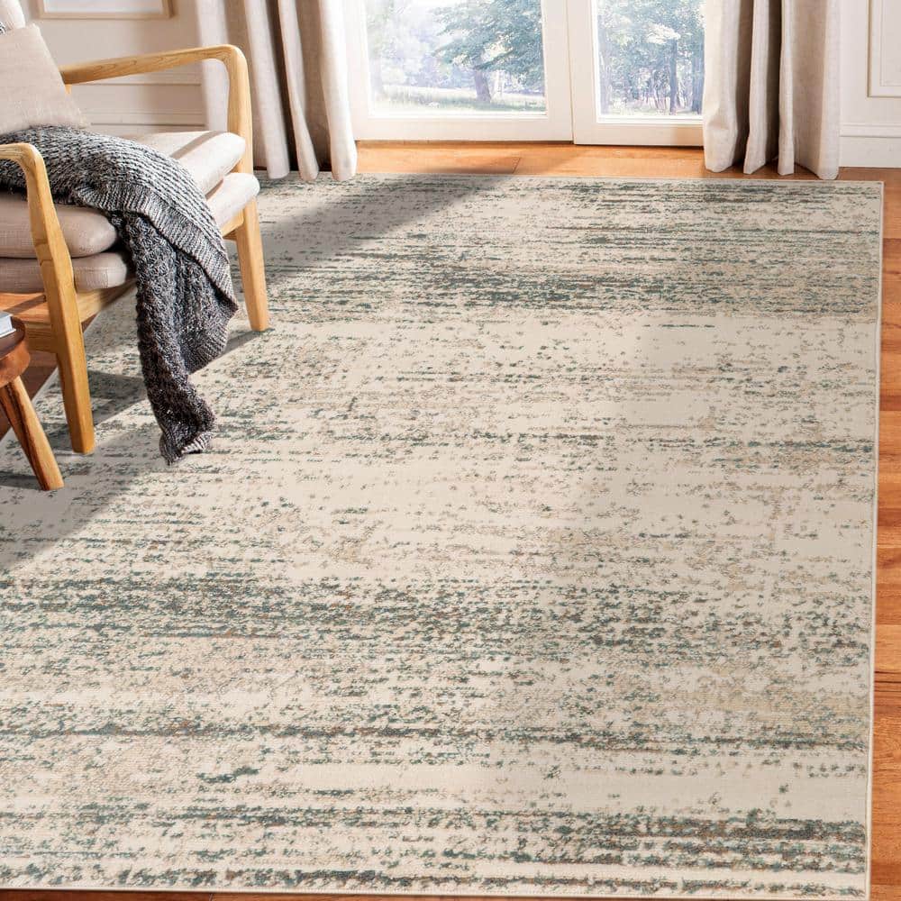 Ivory and Gray Rectangular Striped Synthetic Area Rug 6'7" x 9'
