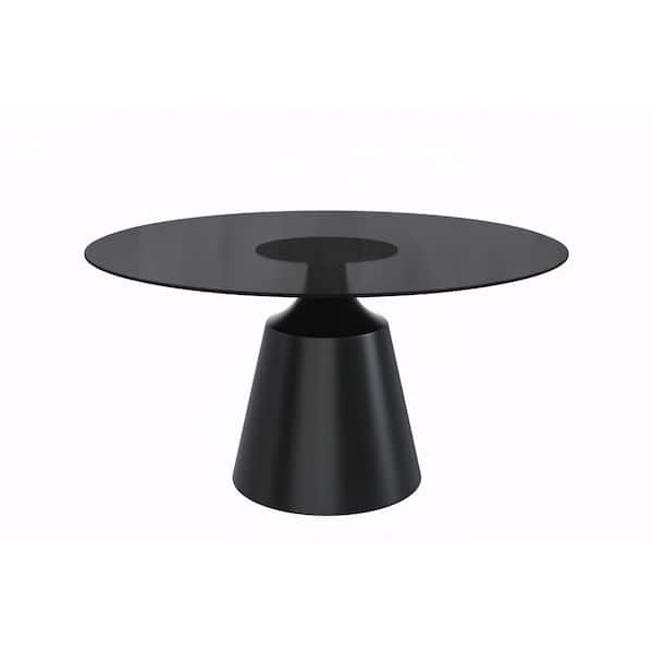Leisuremod Prynn Modern 70 in. Round Dining Table with Glass Tableop and Black Steel Pedestal Base in Black