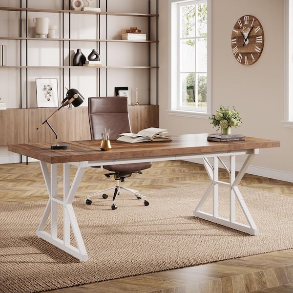 BYBLIGHT Moronia 70.86 in. Rectangle Brown Wood Computer Desk with White X-Shaped Base