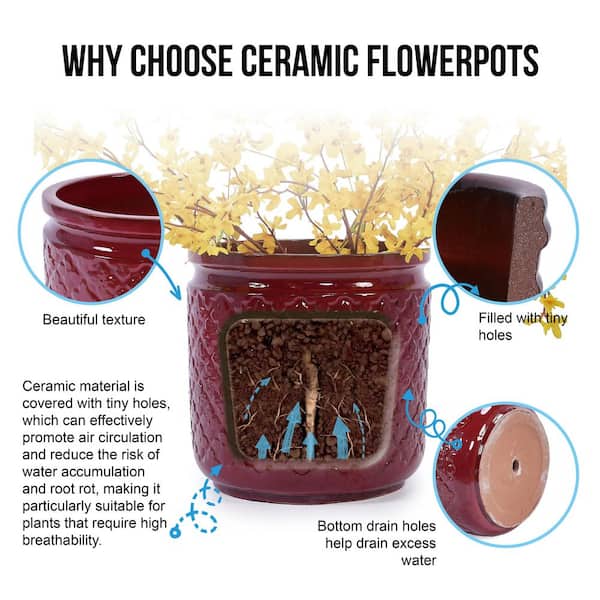 Set of 3 13 in. Flared Bean Paste Red Ceramic Flower Pot with Drainage-Frost Resistant Planter for Indoor Outdoor