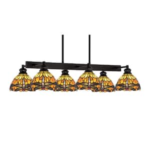 Albany 6 Light Espresso Downlight Chandelier, Linear Chandelier for the Kitchen with Amber Dragonfly Art Glass Shades