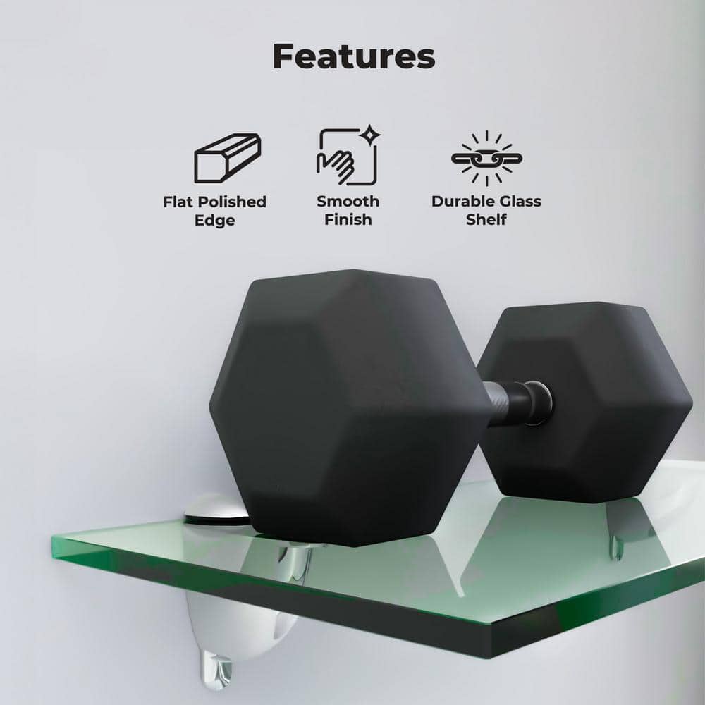 Clear Tempered Glass Floating Wall Shelf with Chrome Brackets