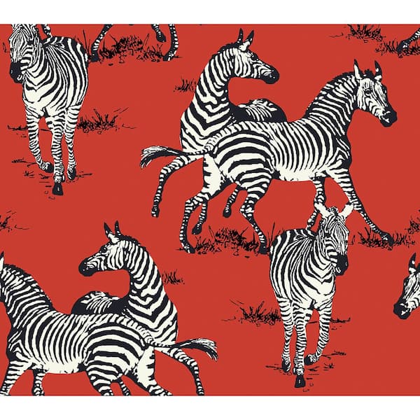 NextWall 40.5 sq. ft. Red Playful Zebras Vinyl Peel and Stick Wallpaper Roll