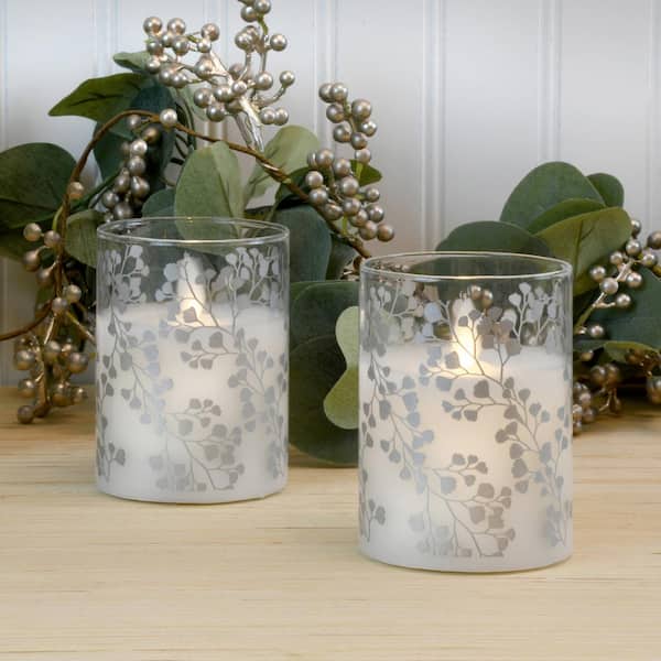 LUMABASE Maidenhair Fern Silver Battery Operated LED Glass Candles with Moving Flame (Set of 2)