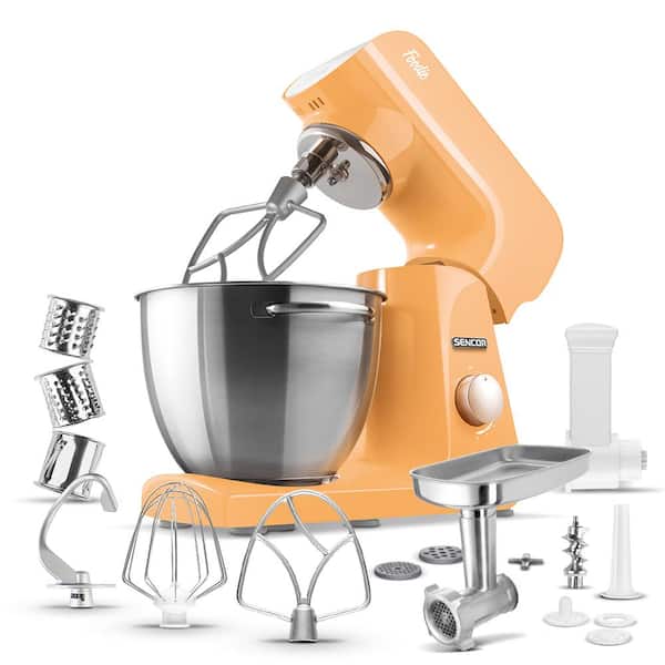 Sencor 4.75 Qt. 8-Speed Pastel Orange Stand Mixer with Beater, Whisk, Food Grinder and Dough Hook Attachments