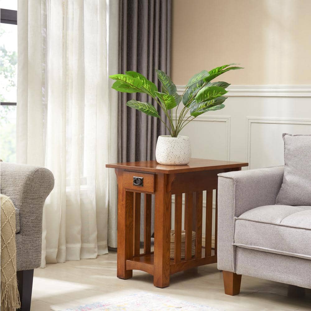 Medium Oak Mission Style Side Table with Drawer and Shelf