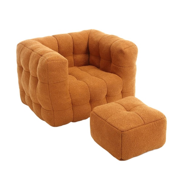 HOMEFUN Modern Orange Boucle Square Bean Bag Accent Chair with Ottoman