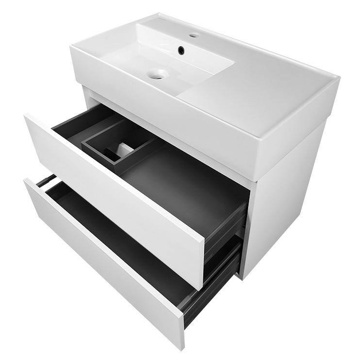 Glossy White Wall-Mounted Single Basin Vanity with Ceramic Sink