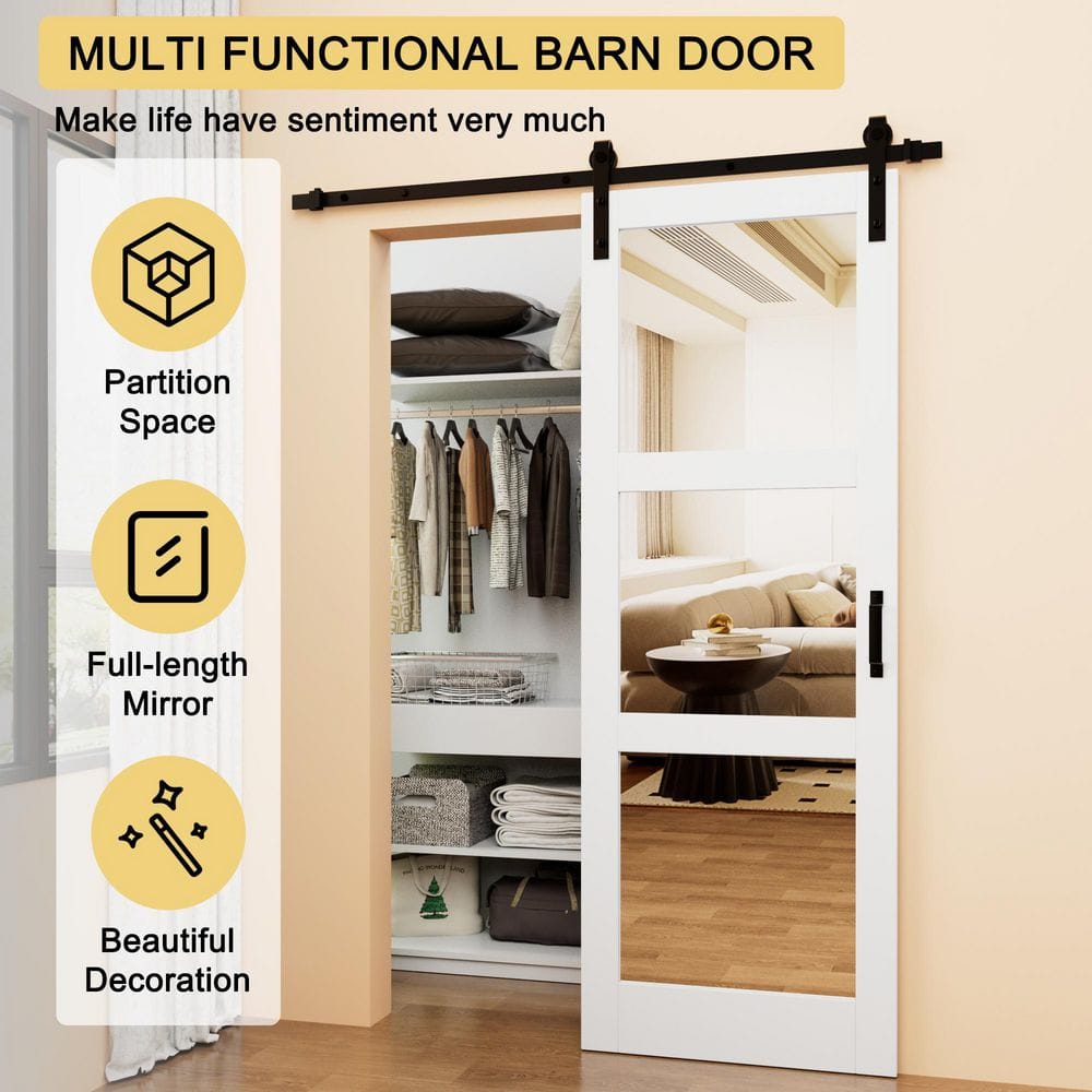 White 42" x 84" 3-Lite Mirrored MDF Barn Door