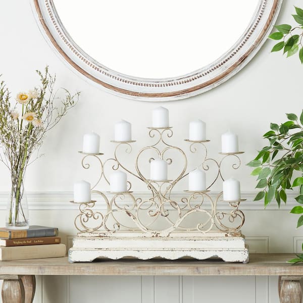 18 in. White Metal Pillar 10 Plate Scroll Candelabra