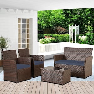 4-Pieces Brown Wicker Patio Conversation Set Sofa set with Blue Cushions, 1 Coffee Table