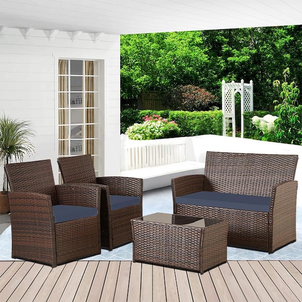 Zeus & Ruta 4-Pieces Brown Wicker Patio Conversation Set Sofa set with Blue Cushions, 1 Coffee Table