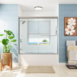 55 in. - 59 in. W x 56 in. H Double Sliding Semi-Frameless Tub Door in Brushed Nickel with Clear Glass