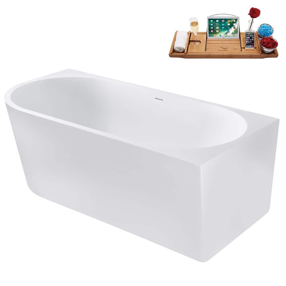 67" Glossy White Acrylic Freestanding Soaking Tub with Tray