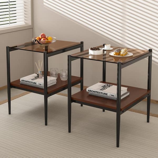 GOGEXX Set of 2 19.1 in. Rectangle End Tables Brown Tempered Glass Top, MDF Shelf and Black Metal Legs for Living Room