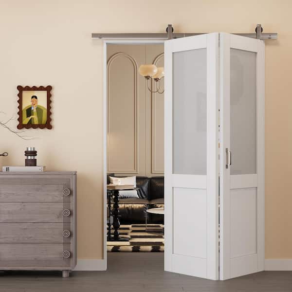 ARK DESIGN 56 in. x 96 in. 1/2 Lite Tempered Frosted Glass White Primed MDF Bifold Sliding Barn Door with Hardware Kit Nickel