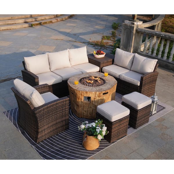 moda furnishings Felicia 7-Piece Wicker Patio Conversation Set with Fire Pit