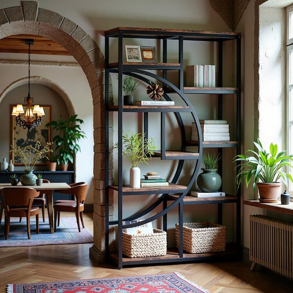 Eulas 68.89 in. Tall Brown and Black Wood 9-Shelf 5-Tier Etagere Boocase Bookshelf with Storage and and Metal Frame