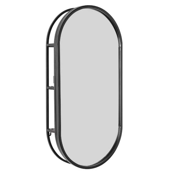 Head West 15 in. W x 30 in. H Oval Metal Framed Vanity Wall Mirror with Shelves in Black