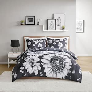 Lilith Polyester 3-Pcs Black/White Full/Queen Floral Reversible Comforter Set