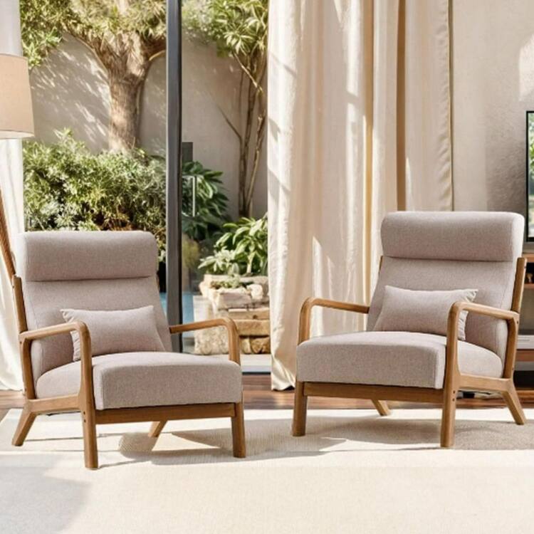 Bestier Beige Modern Fabric Accent Chair Set of 2 with High Back and Solid Wood Frame Arm Chair