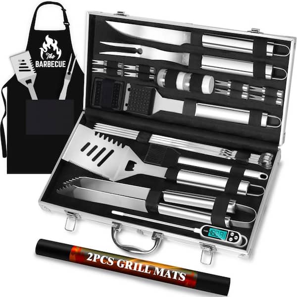 26-Piece Silver Stainless Steel BBQ Grill Accessories Tools Set, BBQ Utensils Kit with Apron, Thermometer and Mats