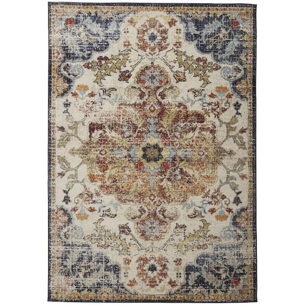 HomeRoots Ivory Gold and Blue 2 ft. x 3 ft. Floral Area Rug