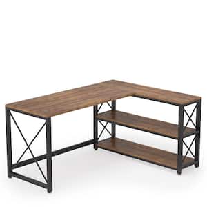 Lantz 59.05 in. L-Shaped Brown Wood and Metal Reversible Computer Desk with 2 Tier Storage Shelves