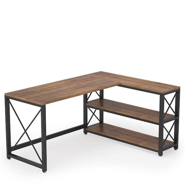 Tribesigns Lantz 59.05 in. L-Shaped Brown Wood and Metal Reversible Computer Desk with 2 Tier Storage Shelves