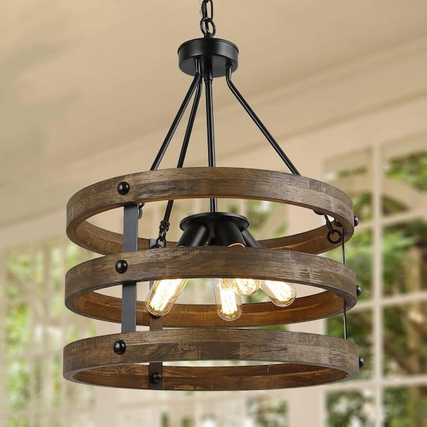 Rustic 5-Light Black Solid Wood Drum Chandelier for Dining Room Kitchen Entryway Modern Farmhouse Circle Pendant Light