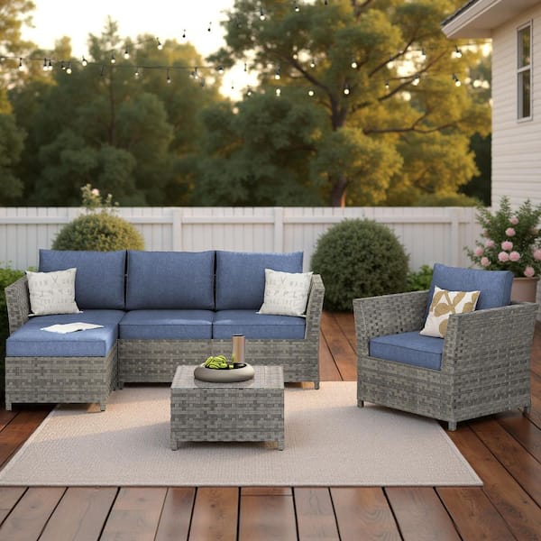 XIZZI Bella Gray 6-Piece Wicker Outdoor Sectional Set with Denim Blue Cushions