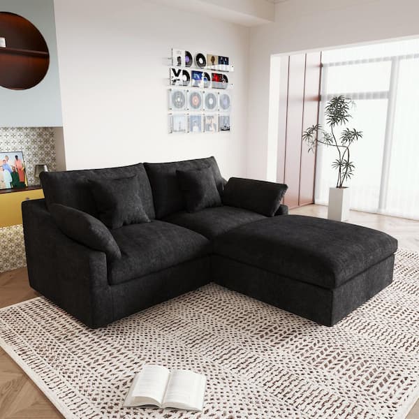 Magic Home 82.6 in. Square Arm Plush Linen 3-Piece Loveseat Cloud Couch Modular Sectional Sofa with Ottoman in Black