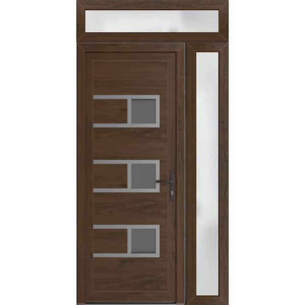 VDOMDOORS 44 in. x 94 in. Left-hand/Inswing Frosted Glass Walnut Steel Prehung Front Door with Hardware