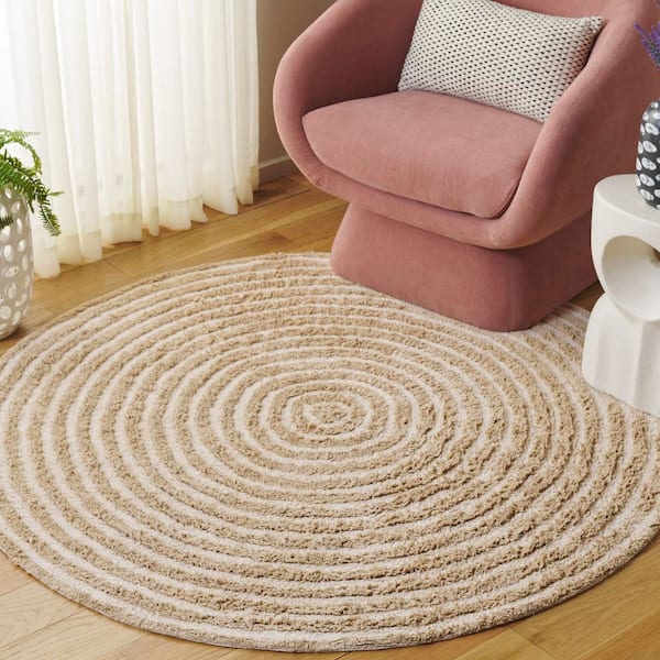 Easy Care 5 ft. x 5 ft. Beige/Ivory Machine Washable High-Low Swirl Solid Round Area Rug