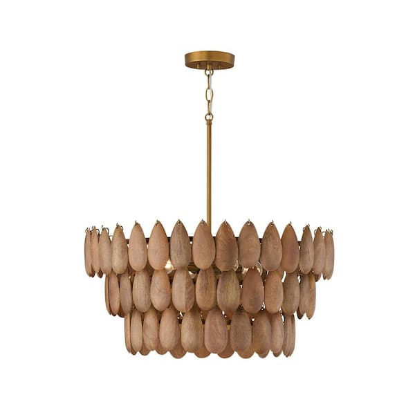 Ravi 24.5 in. W x 8.75 in. H 4-Light Pendant in Hand-distressed Patinaed Brass and Handcrafted Mango Wood