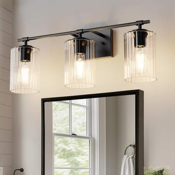 YANSUN 24 in. 3-Light Black Vanity Light with White Cylinder Glass Shades for Bathroom, Mirror, Vanity Area