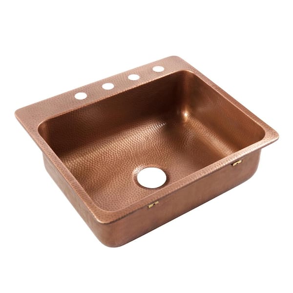 Angelico 25 in. 4-Hole Drop-In Single Bowl 17 Gauge Antique Copper Kitchen Sink