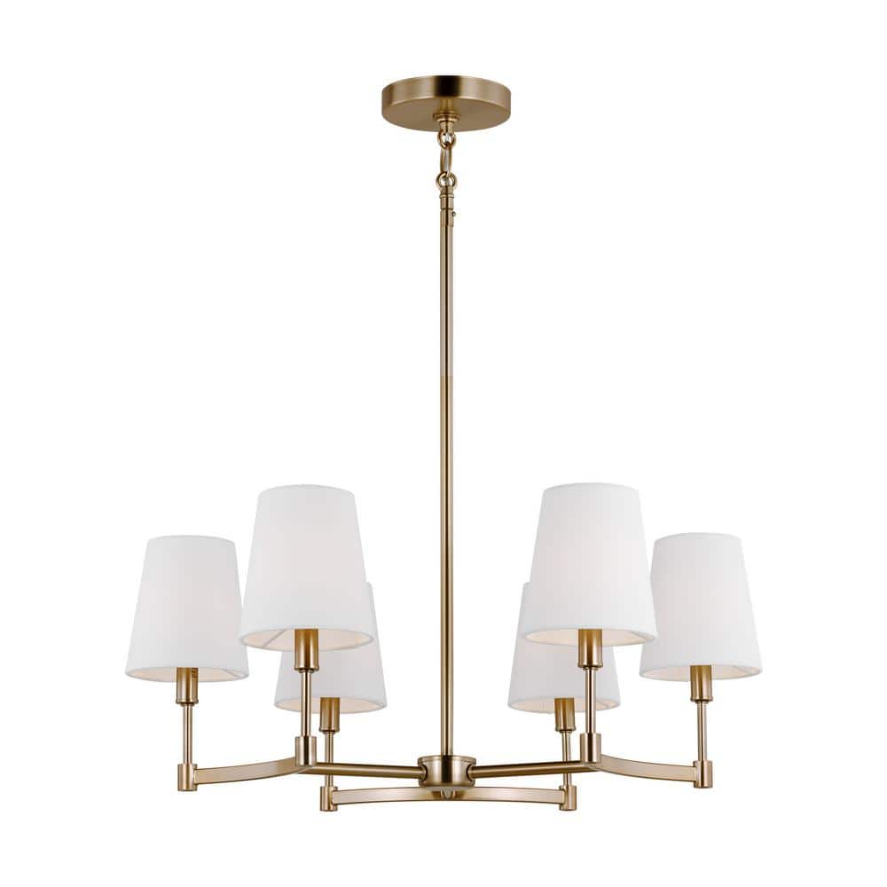 Chatfield Satin Brass and Black 6-Light Chandelier with White Linen Shades