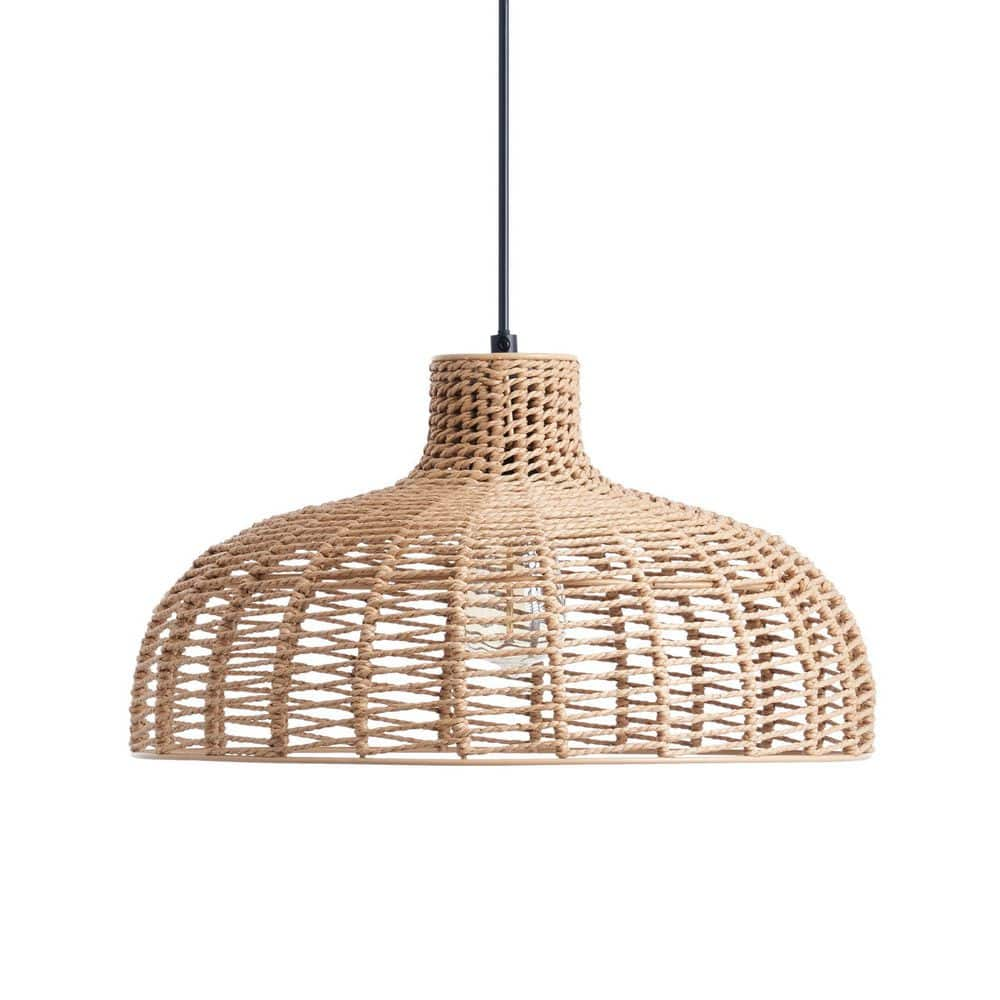 Merra 1-Light Matte Black Boho Pendant Light with Handwoven Hemp Rope ...