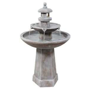 39 in. 2-Tiered Pagoda Outdoor Water Fountain with LED Light