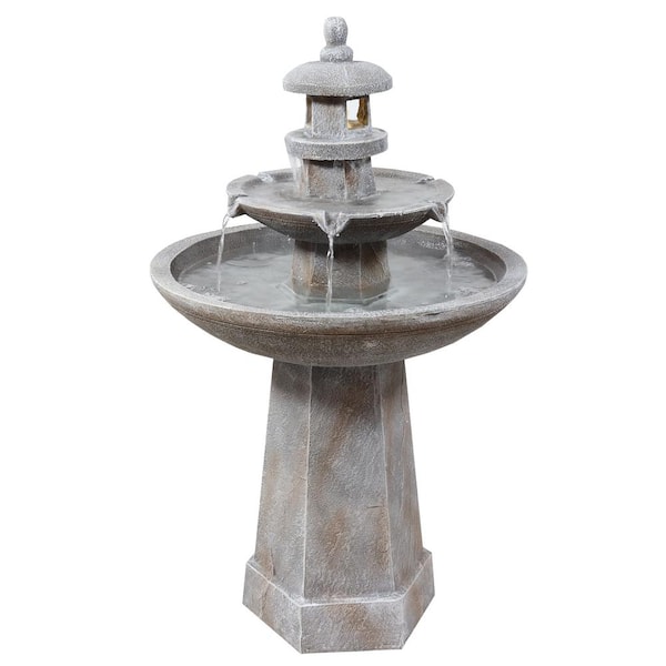 Sunnydaze Decor 39 in. 2-Tiered Pagoda Outdoor Water Fountain with LED Light