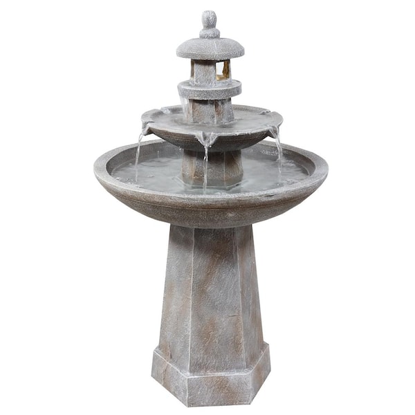 Sunnydaze 39 in. 2-Tiered Pagoda Outdoor Water Fountain with LED Light