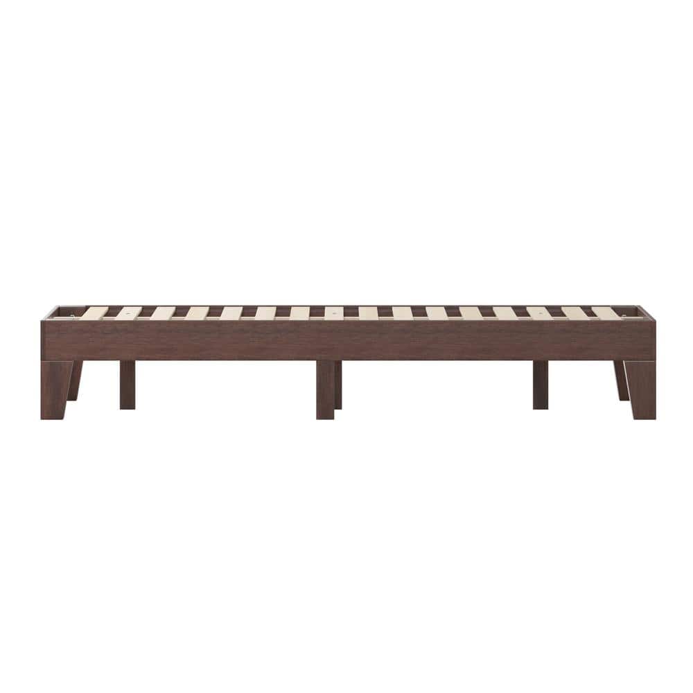 Walnut Twin Wood Platform Bed with Headboard and Drawer
