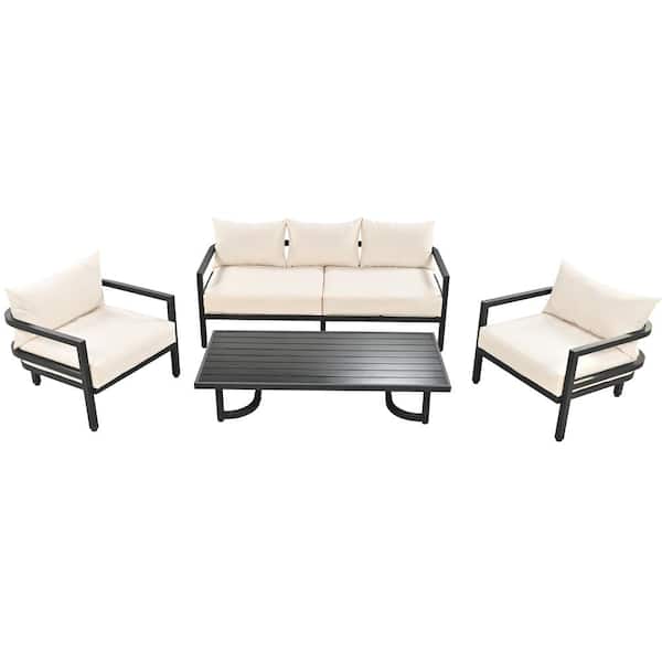 4-Piece Metal Outdoor Sectional Seating Set with Beige Cushions, Patio ...
