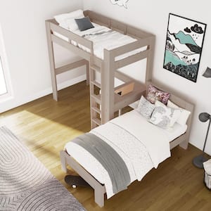 Jaymee Kids L-Shaped Twin Wood Bunk Bed with Desk, Sandwashed Gray